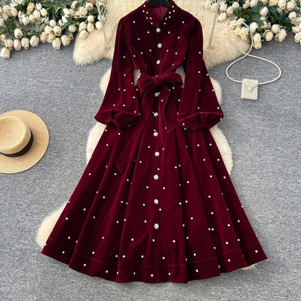 Elegant French Retro Velvet Dress With Embellished Beading, High Neck, Lantern Sleeves, Lace-Up Waist & Flared Hem_ecoleips.com