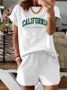 Summer New Letter Pattern T-shirt, Casual Printed Round Neck Short Sleeved Top With Elastic Waist Pocket, Women's Two-piece Set-286_ecoleips.com