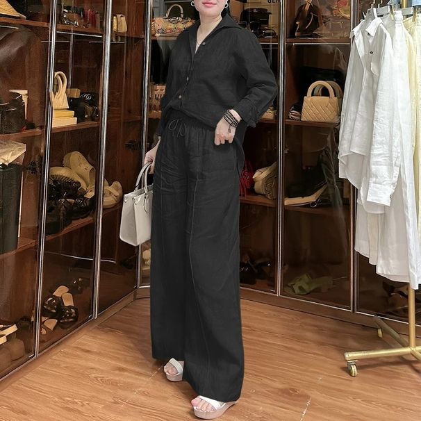 Women's Elegant Pantsuit Set Solid Color Long Sleeved Shirt Wide Leg Pants Casual Office Wear Spring Autumn_ecoleips.com