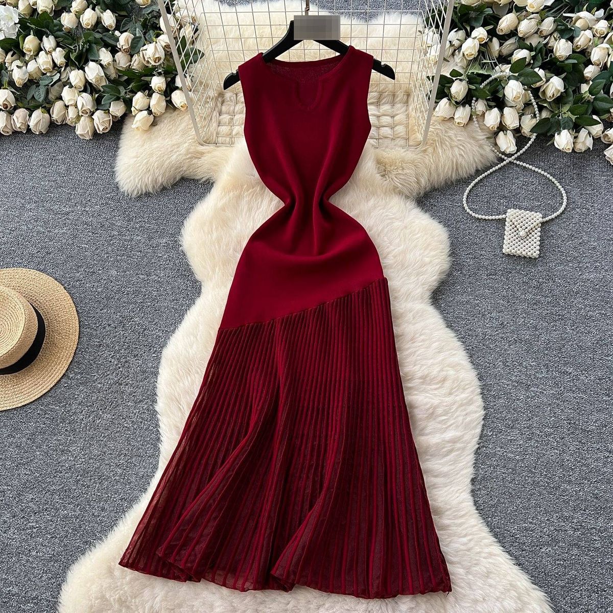 High End Women's Patchwork Irregular Mesh Dress French Style Slimming Elegant Sleeveless Long Dress For Summer_ecoleips.com