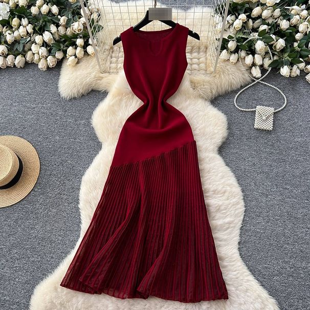 High End Women's Patchwork Irregular Mesh Dress French Style Slimming Elegant Sleeveless Long Dress For Summer_ecoleips.com