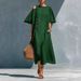 Women's Clothing Solid Color Linen Round Neck Short Sleeved Slimming Retro Casual Midi Dress For Women Plus Size_ecoleips.com
