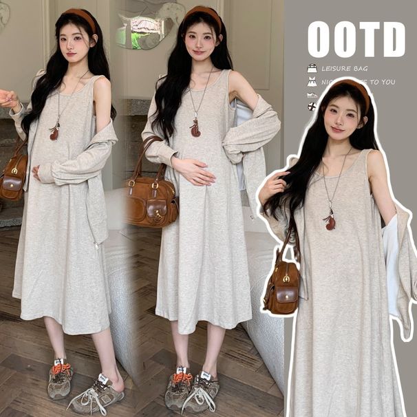 Autumn New Korean Fashion Vest + Cardigan Jacket Two-Piece Set Maternity Dress_ecoleips.com