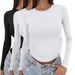 Women's Long Sleeve Crew Neck Slim Fit T-Shirt, Soft Stretchy Ribbed Basic Top, Casual Curved Hem Y2K Blouse For Daily Wear Streetwear, Solid Color Fo_ecoleips.com