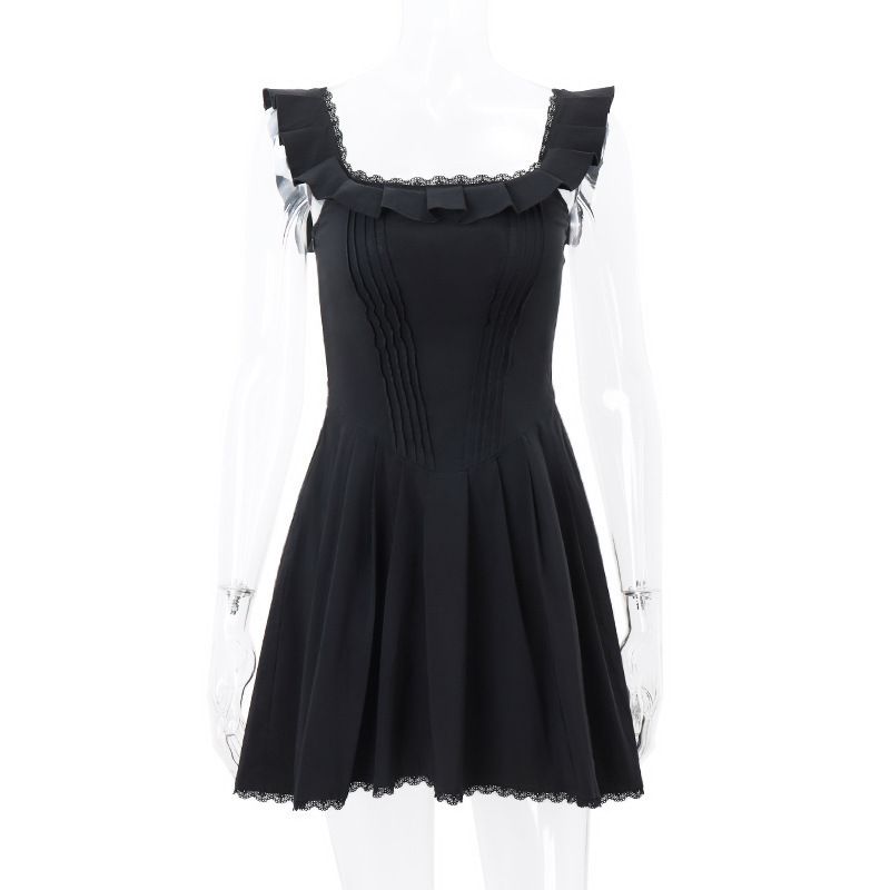 Black Square Neck Suspender Dress Sexy French Ruffle Lace Patchwork 2024 European American Cross Border Wholesale Women's Clothing_ecoleips.com