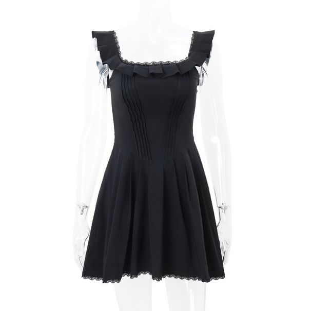 Black Square Neck Suspender Dress Sexy French Ruffle Lace Patchwork 2024 European American Cross Border Wholesale Women's Clothing_ecoleips.com