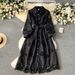 Women's Clothing Fashion Hollow Flower Breasted Slim-fit Mid-length Version Puffy Sleeve Dress_ecoleips.com