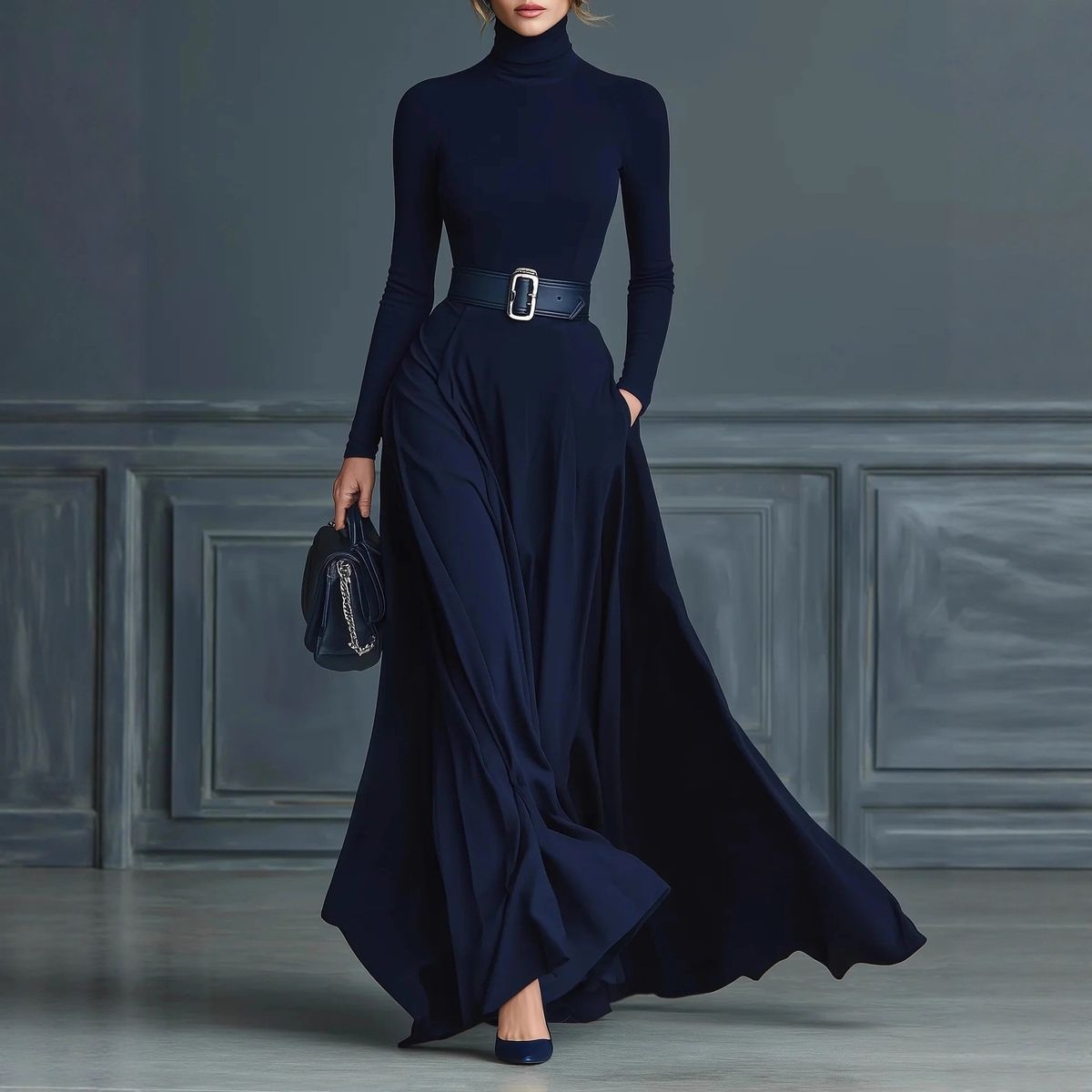 Women's Long Sleeve Solid Color Fitted High Neck Dress Autumn Winter Independent Website Exclusive_ecoleips.com