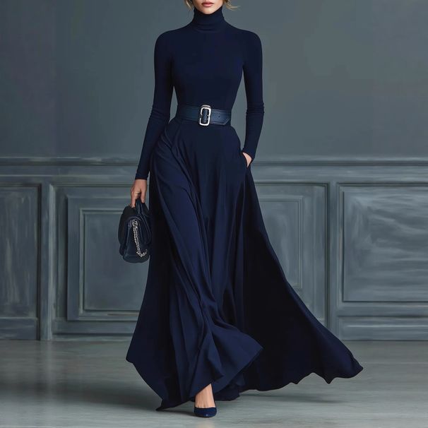 Women's Long Sleeve Solid Color Fitted High Neck Dress Autumn Winter Independent Website Exclusive_ecoleips.com