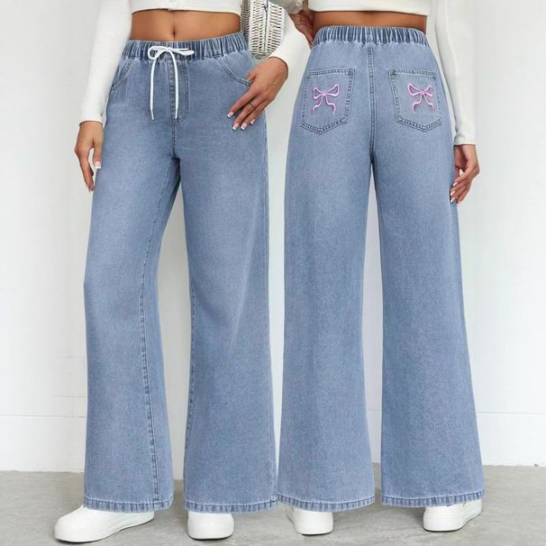 Women's Mid-Rise Casual Jeans Elastic Waist Drawstring Embroidered Bow Stretch Cotton Denim for Spring/Autumn & Summer_ecoleips.com