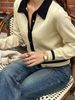 Lightweight Soft Contrast Trim Polo Collar Button Front Loose Knit Cardigan_ecoleips.com