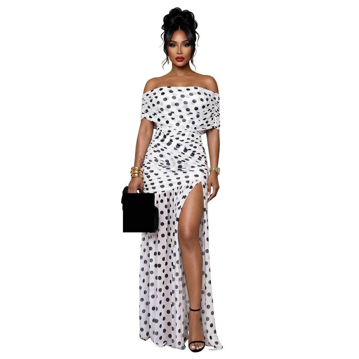 Women's Polka Dot Slit Dress Bodycon Style For Banquet And Vacation Fashion For Markets_ecoleips.com