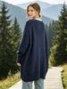 Navy Deep V Multi Pocket Pit Rib Knit Tunic Sweater, Oversized Loose Lightweight Breathable Soft Skin-touch Long Sleeve Pullover_ecoleips.com