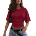 Women's Summer Smocked Waist T-Shirt - Slim Fit Round Neck Short Sleeve Top In Solid Colors_ecoleips.com