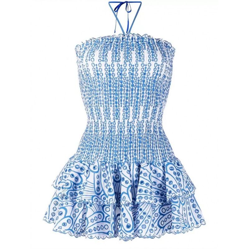 Women's Sexy Strapless Mini Dress Cotton Stretch Waist Ruffled Embroidered Vacation Casual Maxi Dress_ecoleips.com