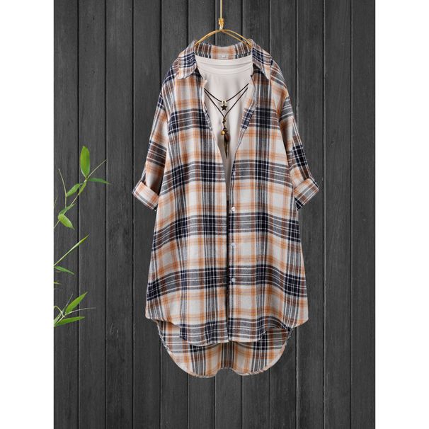 Large Size Women's Spring Literary Retro Casual Checkered Long-Sleeved Shirt_ecoleips.com