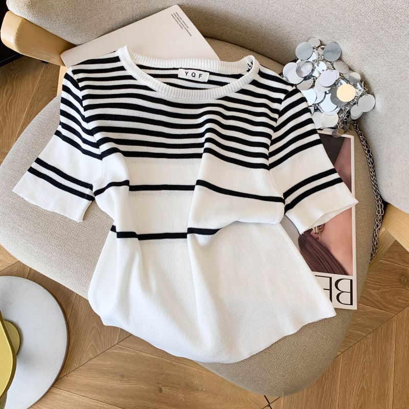 Women's Rib-Knit Ice Silk Short Sleeve Top, Striped Cropped Tee For Summer, Soft Breathable Casual Shirt_ecoleips.com