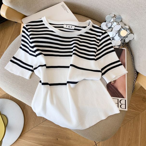Women's Rib-Knit Ice Silk Short Sleeve Top, Striped Cropped Tee For Summer, Soft Breathable Casual Shirt_ecoleips.com