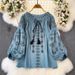 Women's Ethnic Style Embroidered Top Tie Waist Loose Fit Slimming Lantern Sleeves Super Cute Versatile Spring 2025_ecoleips.com