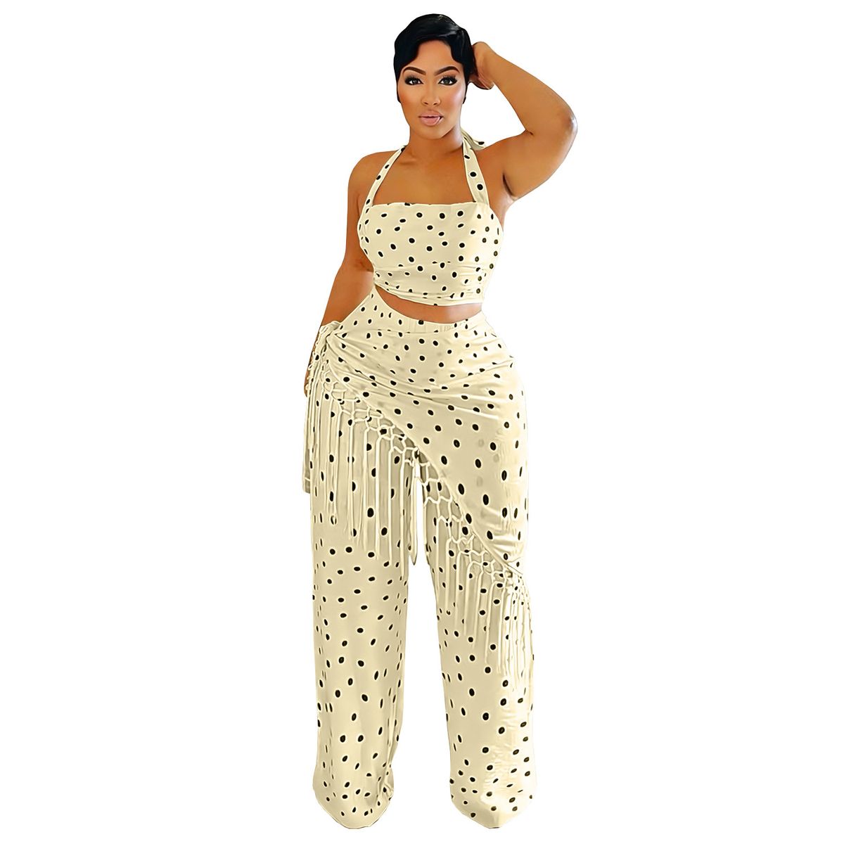 Women's Boho Chic Wide-Leg Pants Set Flowy Fringe Polka Dot Casual Comfort Clothing_ecoleips.com