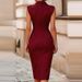 Office Lady Elegant U Neck Draped Party Dress Spring Casual Solid Slim Bodycon Midi Dress Summer Sleeveless Back Slit Boho Dress_ecoleips.com