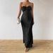 Women's Clothing Pleated Slim Fit Solid Color Bow Slit Long Dress_ecoleips.com