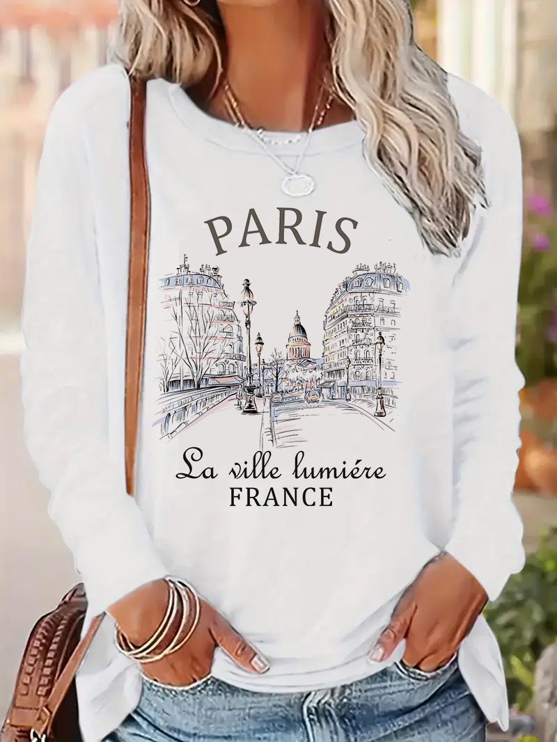 2025 Fashion Paris Letter Print Shirt Funny Gothic T Shirt Women's Casual Print Long Sleeve T-Shirt Crew Neck Top Tee Tshirt_ecoleips.com