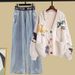 Women's Clothing Embroidered Short Cardigan Sweater Jacket With Slim And Versatile Wide Leg Mopping Jeans_ecoleips.com