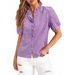 Women's Plaid Lace Design Shirt V Neck Short Sleeve French Ruffle Trim Elegant Fashion Top for Spring Summer_ecoleips.com