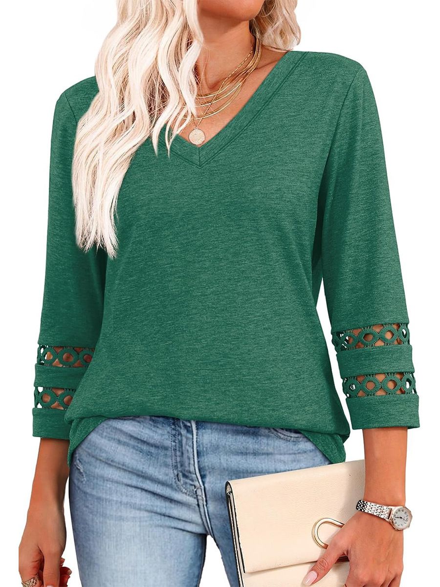 Loose-Fitting V-Neck Knit Sweater With 7/10 Sleeves, Casual Top Featuring A Perforated Design_ecoleips.com