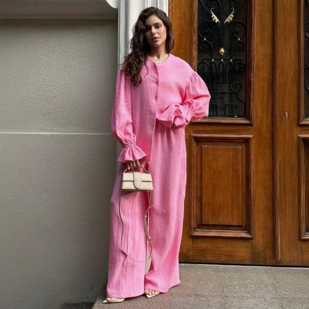 Women's Long Sleeved Cardigan And Wide Leg Trousers Set Pure Cotton Lantern Sleeve Top And Bottoms Autumn_ecoleips.com