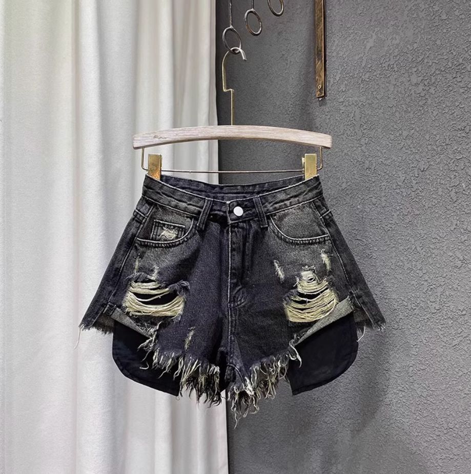 Summer Slim Fit High Waist Women's Denim Shorts Light Color Ripped Design Sexy a Line Wide Leg Hot Pants_ecoleips.com