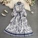 European-Inspired Wrap Waist Floral Dress – A-Line Swing Hem & Notched Collar (Sizes M-2XL, Premium Chambray Blue)_ecoleips.com