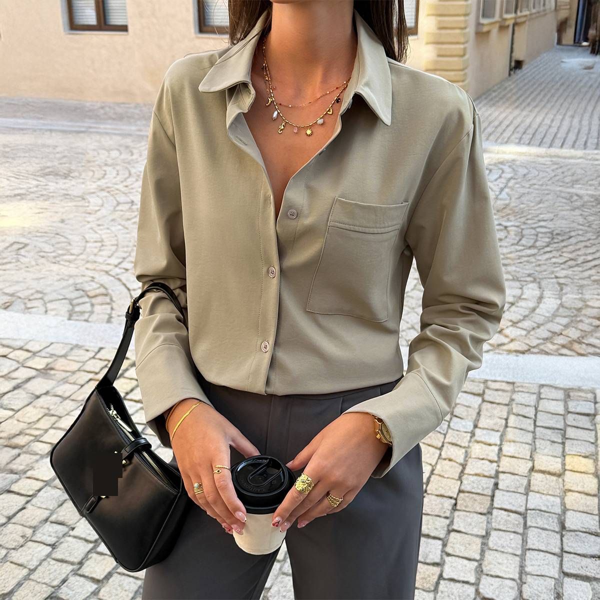 Women's Clothing Women's Draped Lapel Long Sleeve Shirt Top Old Money Style Spring Summer Fashion For Formal & Casual_ecoleips.com