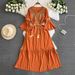 Women's Clothing Travel Flared Sleeve V Neck Dress Style Embroidered Slimming Bohemian Three Quarter Length Spring Autumn_ecoleips.com