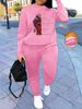 Female Autumn And Winter Hip-hop Casual Street Face Portrait Pattern Printed Round Neck Sweatshirt+sports Pants Warm Suit-593_ecoleips.com