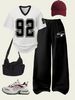 Women's Summer Fashion Letter Print Soccer Jersey T-Shirt Set with American Straight Leg Pants European And American Style Two-Piece Outfit_ecoleips.com