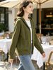Army Green Zip Up Drawstring Hood Pit Rib Knit Cardigan, Loose Lightweight Breathable Soft Skin-touch Long Sleeve Pocket Sweater_ecoleips.com