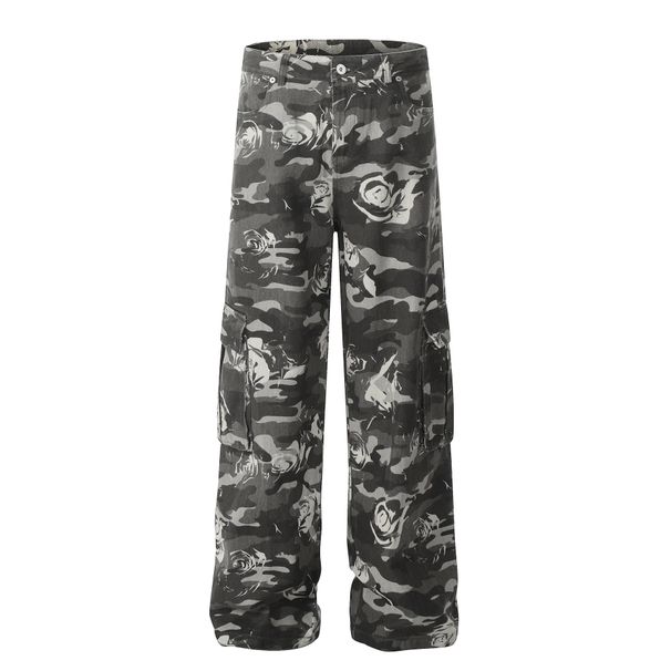 OREETA | Wilderness Loose American Trendy Brand Wide Leg Pure Cotton Rose Camouflage Work Pants_ecoleips.com