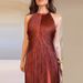 Tassel High Waisted Slim Women's Banquet Dress Sexy Hanging Neck Hollow Solid Long Dress Fashion Sleeveless Cocktail Party Dress_ecoleips.com