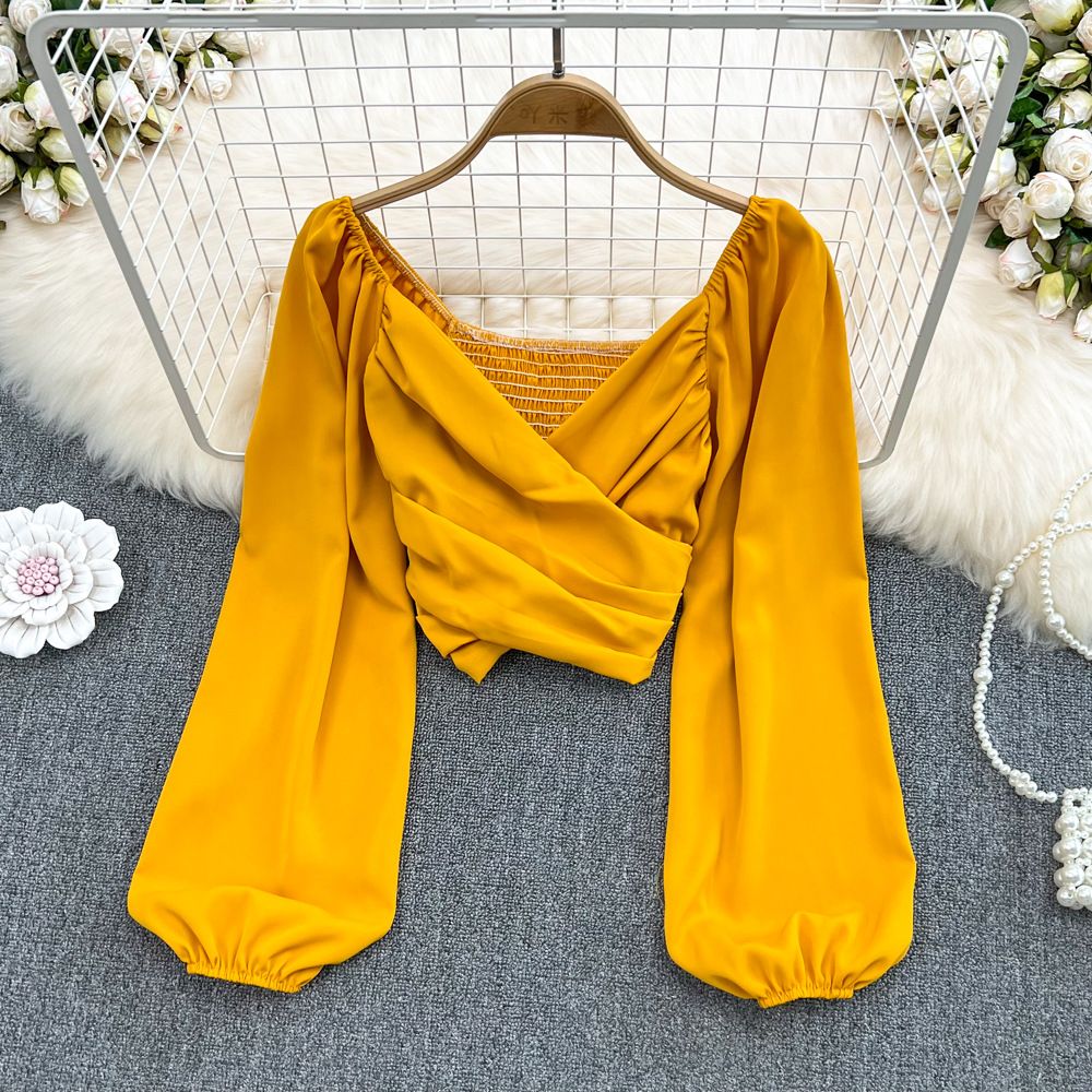 Women's Spring Fashion V Neck Pleated Collarbone Bubble Long Sleeve Crop Top Chic And Unique Pullover Short Exposed Design_ecoleips.com