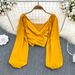 Women's Spring Fashion V Neck Pleated Collarbone Bubble Long Sleeve Crop Top Chic And Unique Pullover Short Exposed Design_ecoleips.com