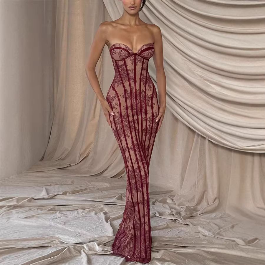 Women's Clothing Slim Fit Lace Party Dress INS American Style Tie Up Bustier Bodycon Long Dress For Adults_ecoleips.com