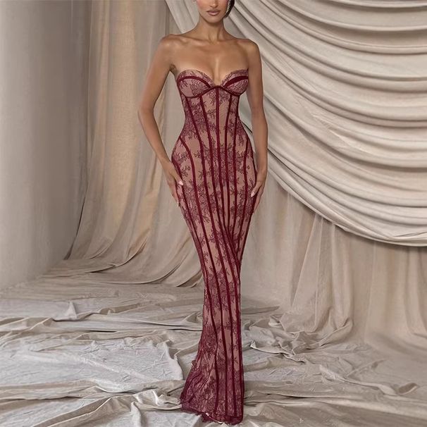 Women's Clothing Slim Fit Lace Party Dress INS American Style Tie Up Bustier Bodycon Long Dress For Adults_ecoleips.com