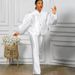 Women's Clothing solid color puff sleeve top wide leg trousers two piece suit women's fashion suit_ecoleips.com