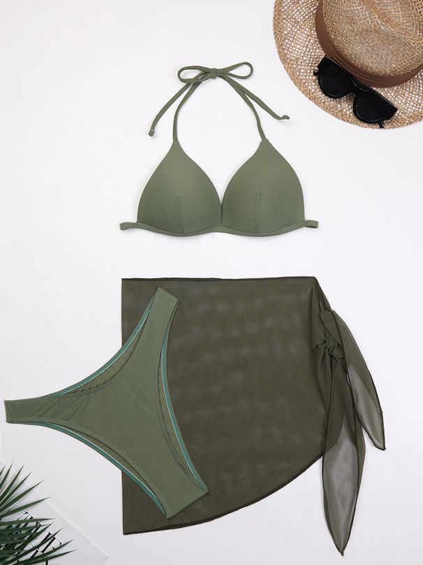 Women's Clothing Sexy Bikini Three Piece Gauze Skirt Swimsuit Bikini Net Celebrity Solid Color Swimsuit_ecoleips.com