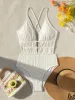 Sexy Ribbed Swimsuit One Piece Deep V-neck Bikinis Bodysuit Back Tie Swimwear High Waist Bathing Suit Beachwear Biquini Tankini_ecoleips.com