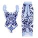 Women's One Piece Swimsuit Backless Appliqué Porcelain Print Blue White Swimwear For Vacation And Summer_ecoleips.com