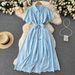 Women's Clothing Skirt Gentle Style Lapel Puff Sleeve Mid Length Shirt Dress Women's Lace Up Slimming Hollow_ecoleips.com