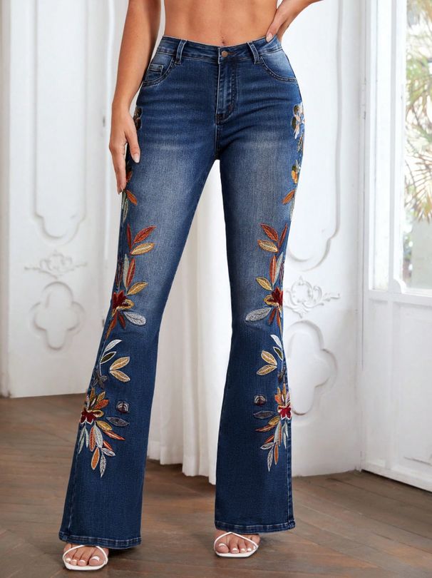 Women's Clothing High Street Trendy Brand Washed Floral Embroidery Slightly Flared Trousers_ecoleips.com
